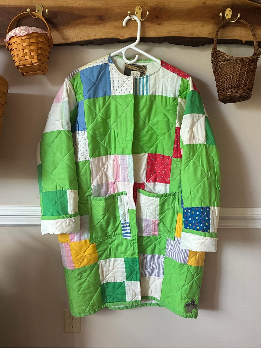 Field + Stitch Handmade Patchwork Vintage Green 4 Patch Quilt Jacket Duster L